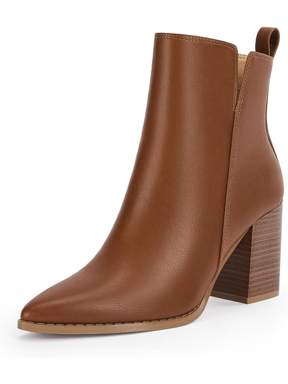 Women's Brown V Cutout Pointed Toe Block Chunky Heel Side Zipper Ankle Boots